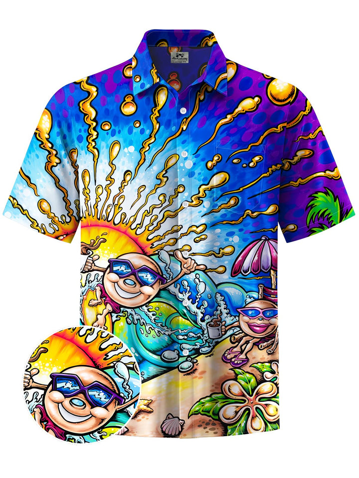 Alohadaddy® Hawaii Surf Graffiti Print Chest Pocket Stretch Men&