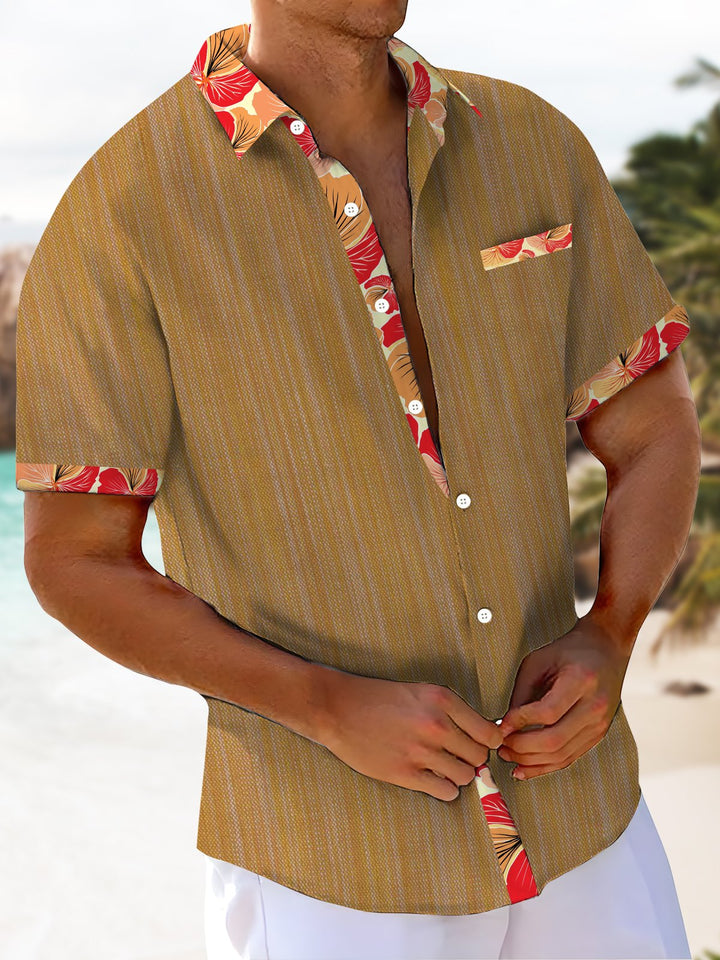 Alohadaddy® Vintage Floral Contrast Art Print Chest Pocket Moisture Wicking Men&