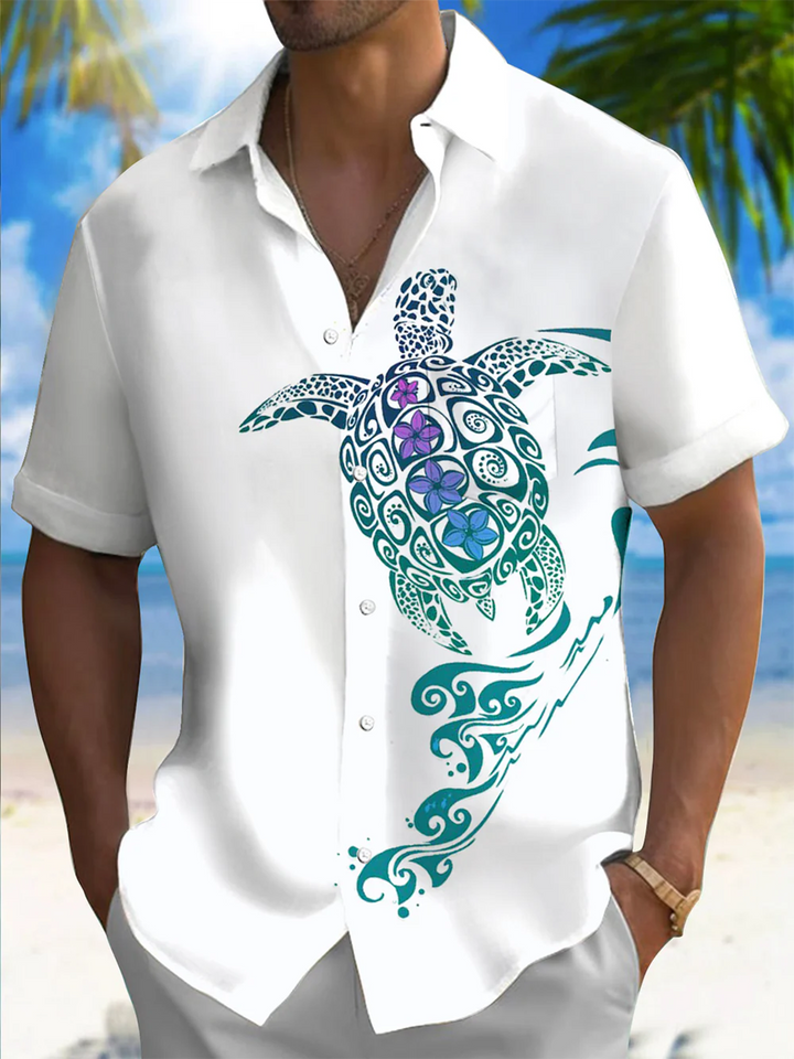Alohadaddy® Hawaiian Turtle Art Print Chest Pocket Mens Short Sleeve Shirts Big &amp; Tall
