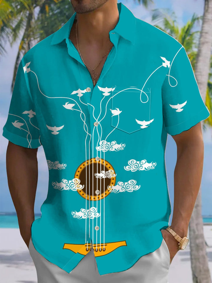 Alohadaddy® Casual Guitar Art Print Chest Pocket Moisture Wicking Mens Short Sleeve Shirt Big &amp; Tall