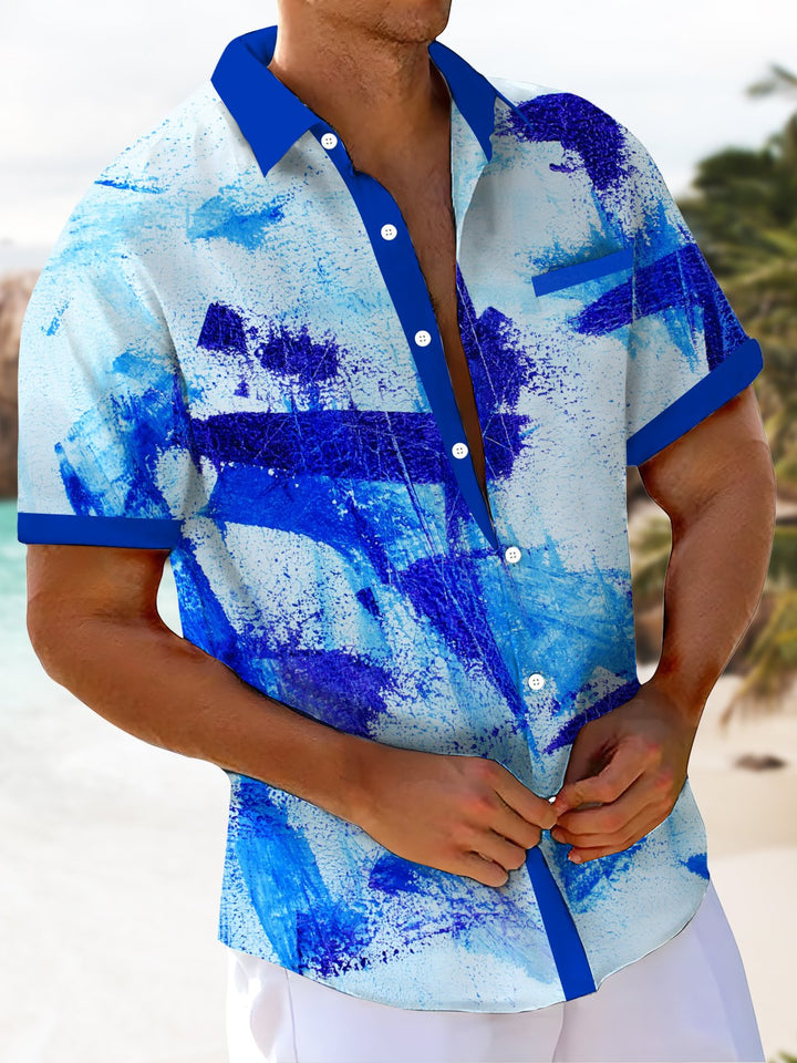 Alohadaddy® Casual Color Block Abstract Art Print Art Chest Pocket Men Short Sleeve Shirt Big &amp; Tall