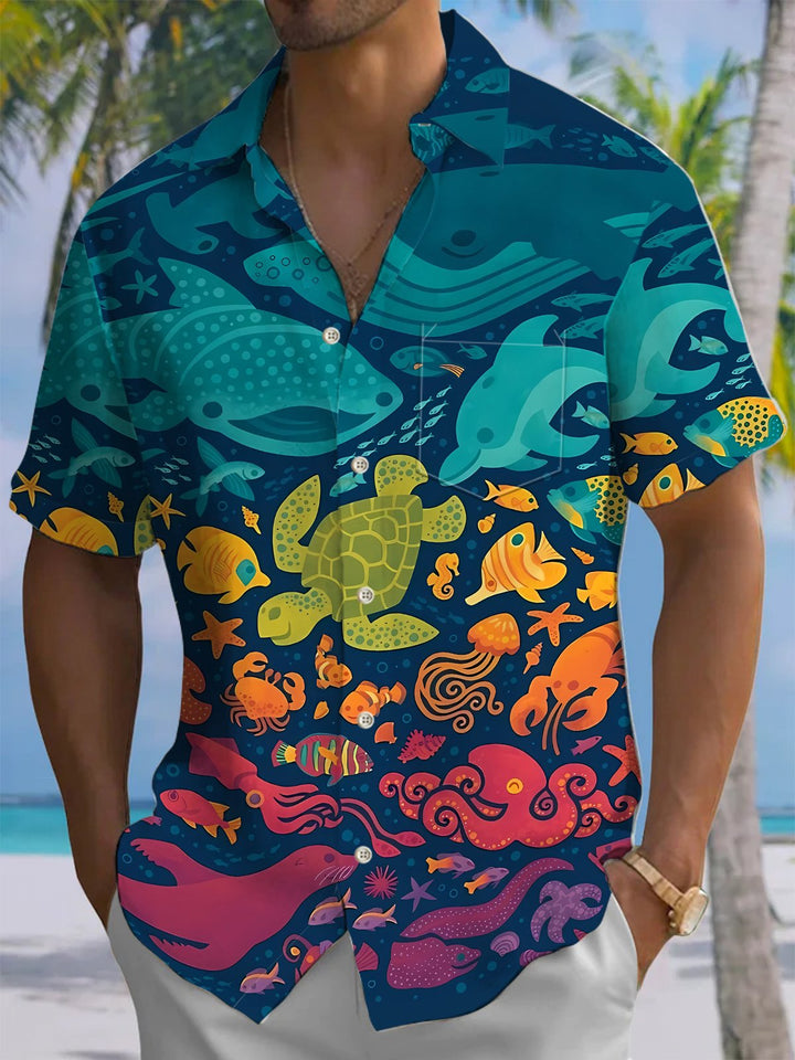 Alohadaddy® Vintage Marine Animal Art Print Chest Pocket Men&