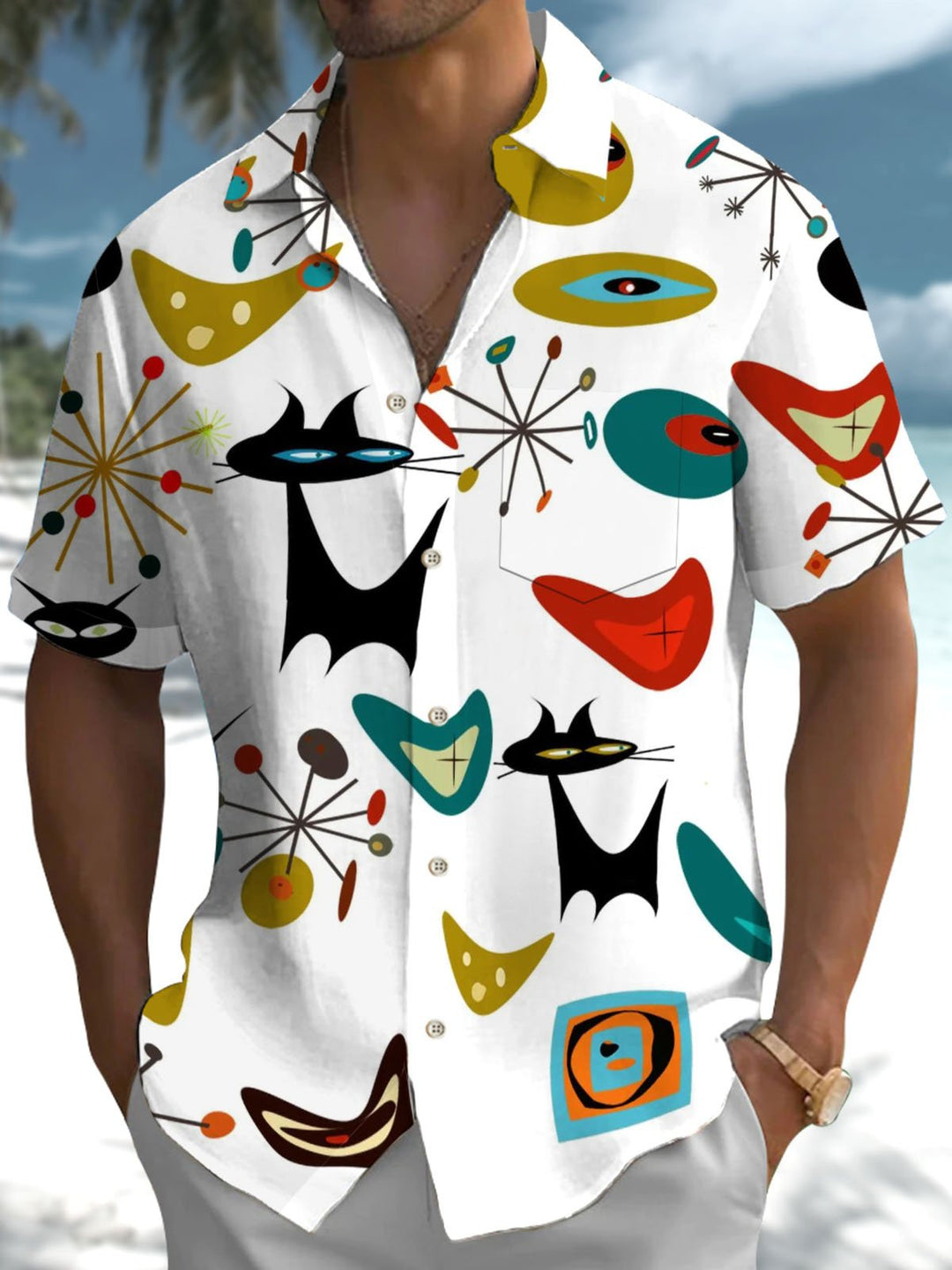 Alohadaddy® Casual Geometric Cat Art Print Stretch Pockets Men&