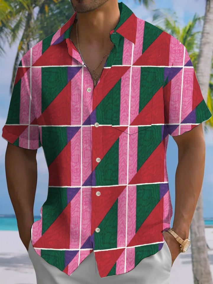 Alohadaddy® Retro Geometric Colorblock Print Art Elastic Pocket Button Men&