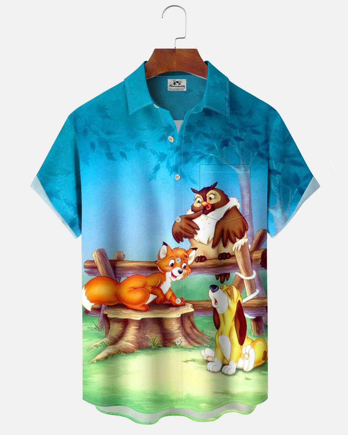 Alohadaddy® Retro Cartoon Animal Art Pocket Elastic Button Men's Short Sleeve Shirt Big & Tall