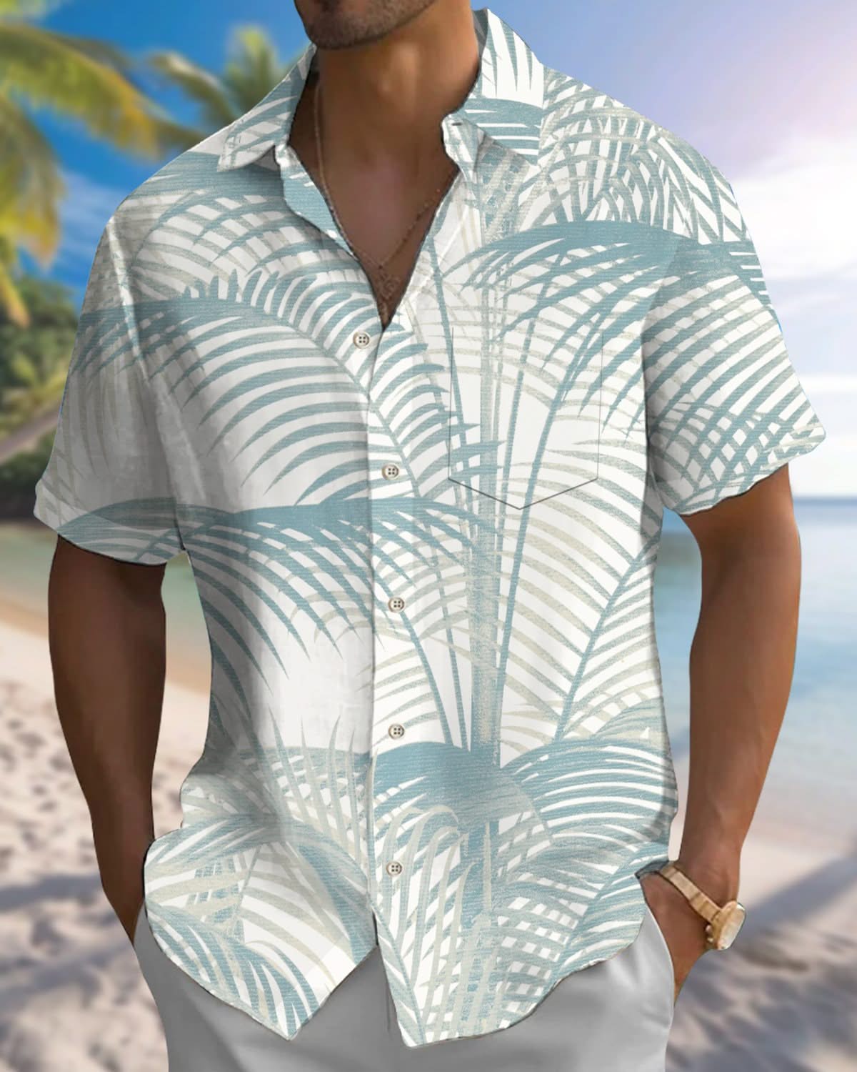 Alohadaddy® Hawaiian Palm Leaf Print Men's Short Sleeve Shirt with Stretch Pockets Big & Tall