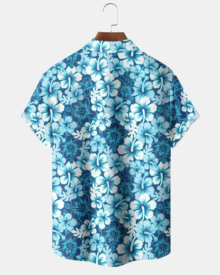 Alohadaddy® Hawaiian Hibiscus Print Short Sleeve Shirt with Elastic Buttons and Pockets for Men Big &amp; Tall
