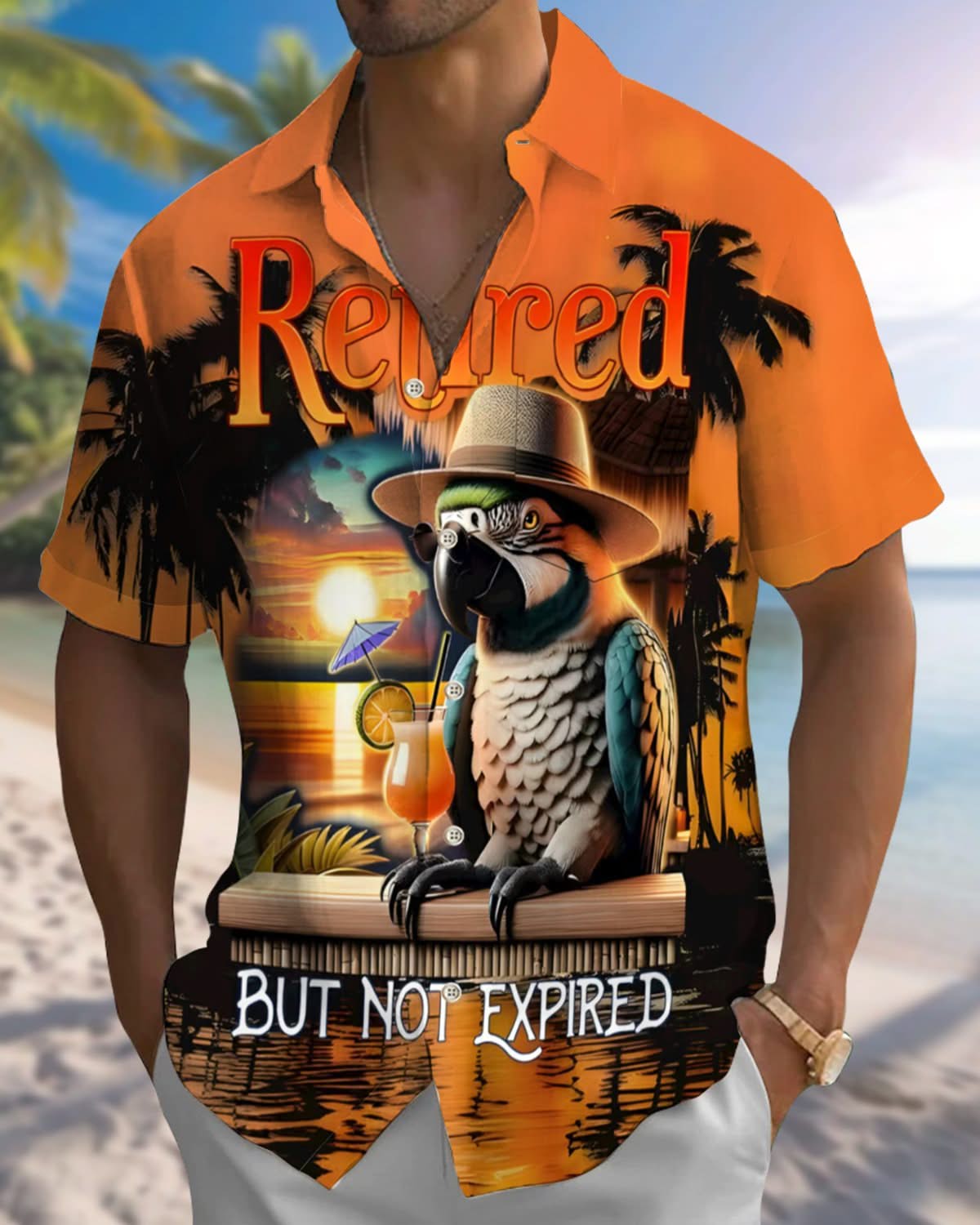 Alohadaddy® Hawaiian Parrot Print Art Pocket Button Elastic Men's Short Sleeve Shirt Big & Tall