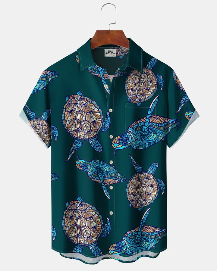 Alohadaddy® Vintage Turtle Print Art Pocket Button Stretch Men&