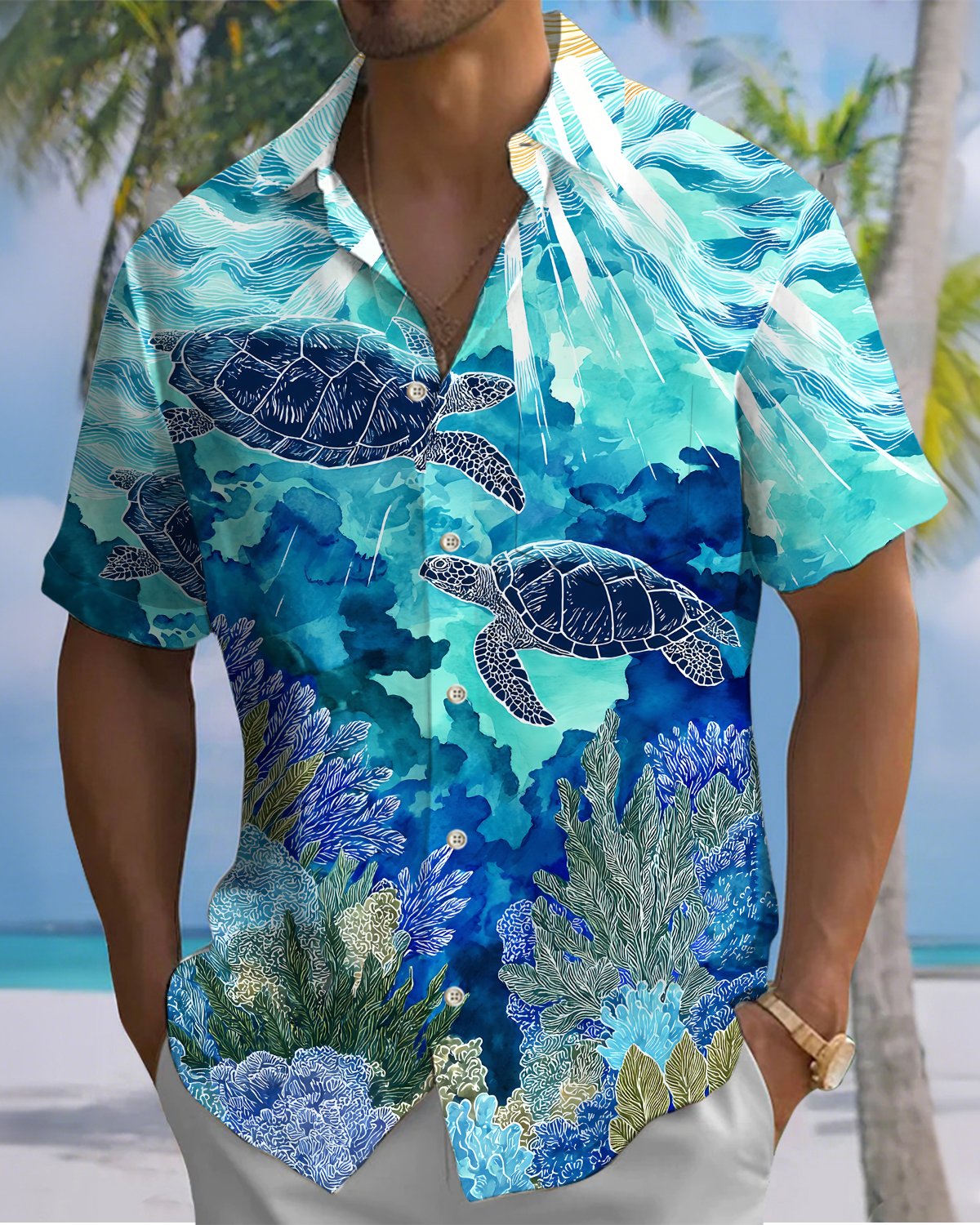 Alohadaddy® Hawaiian Turtle Print Art Button Pocket Cardigan Men's Short Sleeve Shirt Big & Tall