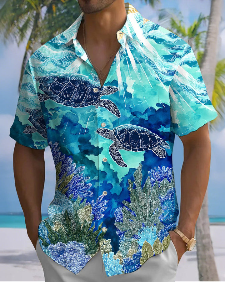 Alohadaddy® Hawaiian Turtle Print Art Button Pocket Cardigan Men&