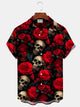 Alohadaddy Retro Halloween Skull Rose Flower 3D Digital Print Men's Button Pocket Short Sleeve Shirt Big & Tall