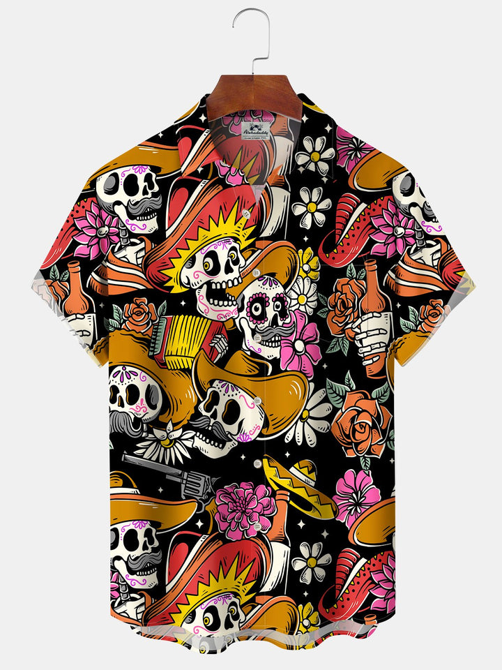 Alohadaddy Holiday Collection Day Of The Dead Skull Art Button Cardigan Pocket Stretch Large Size Long Short Sleeve Shirt