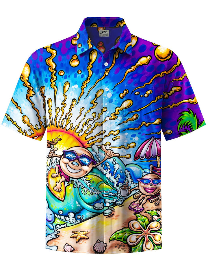 Alohadaddy® Hawaii Surf Graffiti Print Chest Pocket Stretch Men&