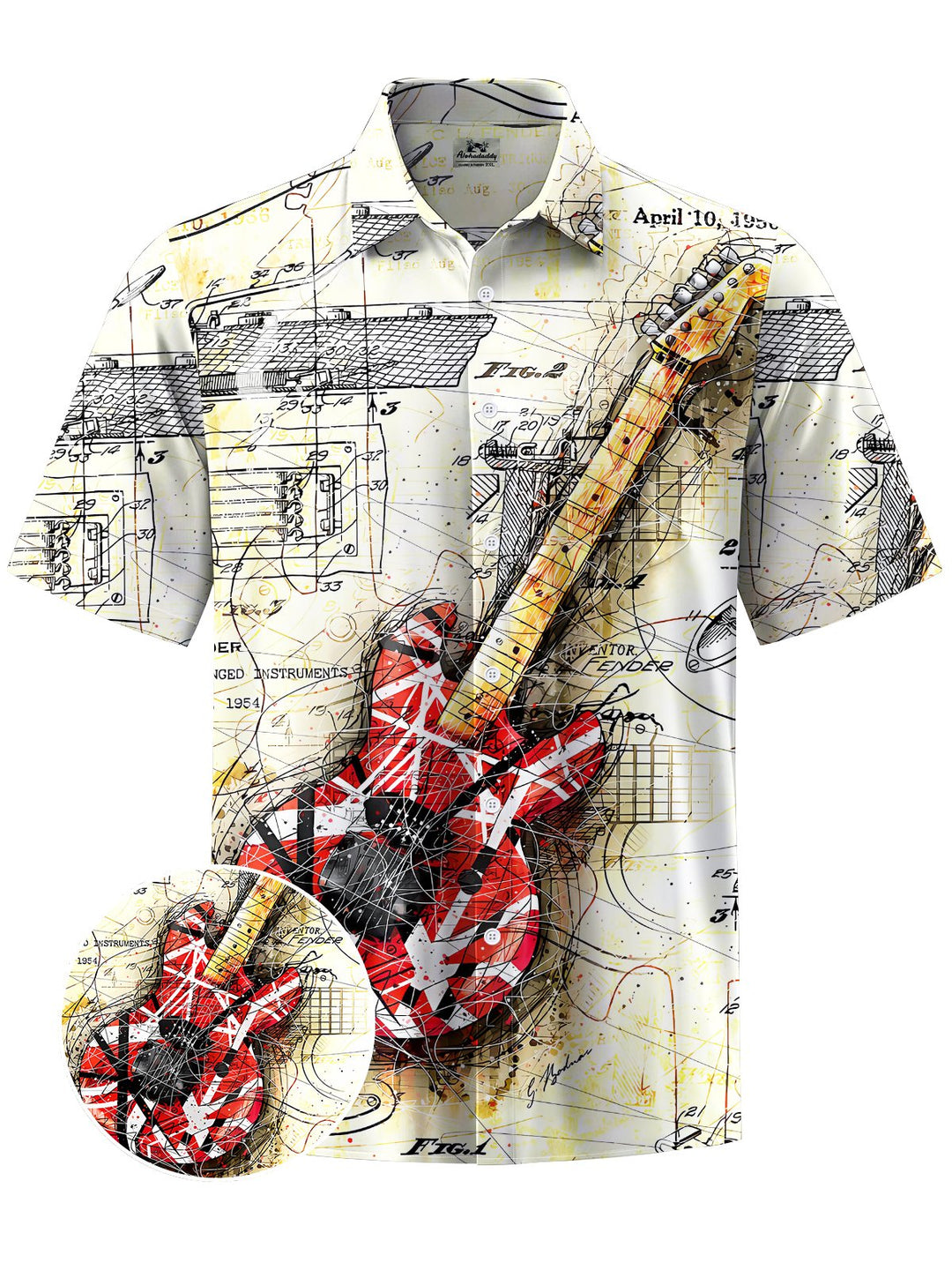 Alohadaddy® Vintage Guitar Art Print Chest Pocket Mens Short Sleeve Shirt Big &amp; Tall