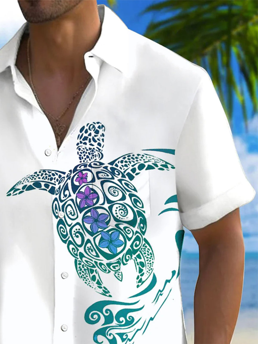 Alohadaddy® Hawaiian Turtle Art Print Chest Pocket Mens Short Sleeve Shirts Big &amp; Tall