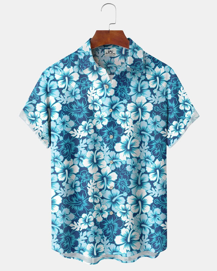Alohadaddy® Hawaiian Hibiscus Print Short Sleeve Shirt with Elastic Buttons and Pockets for Men Big &amp; Tall