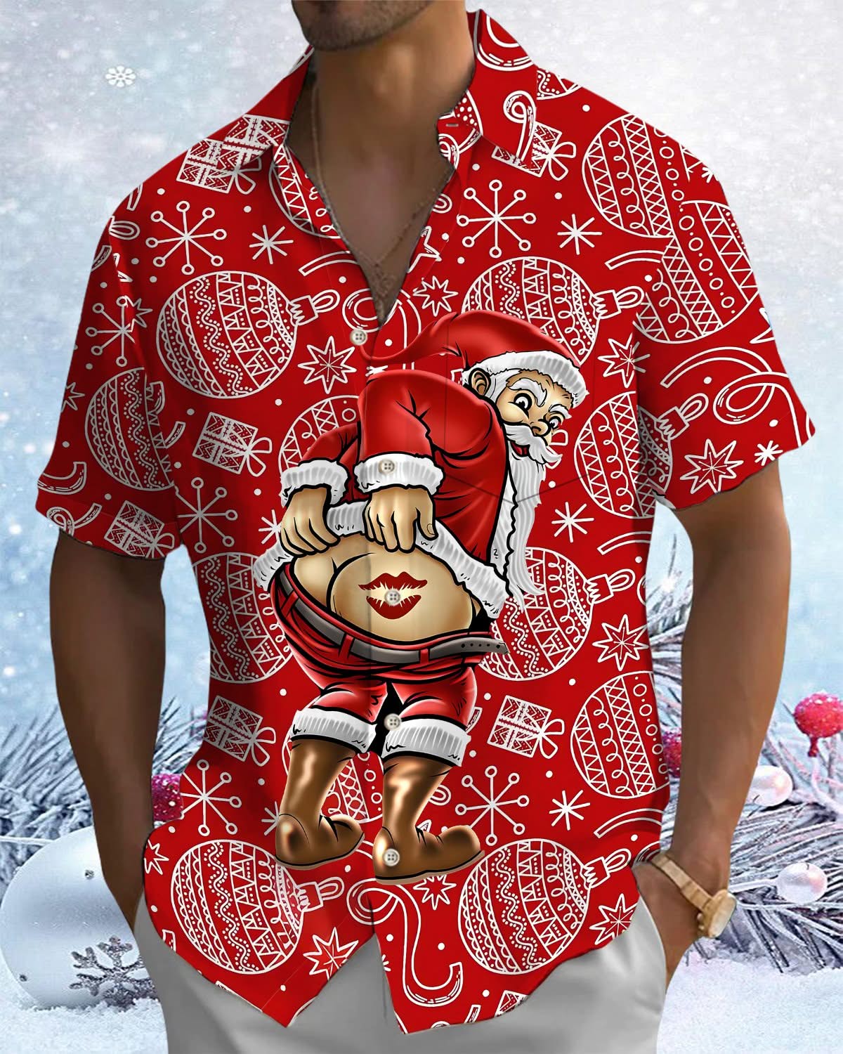 Alohadaddy® Christmas Santa Claus Fun Print Art Pocket Button Men's Short Sleeve Shirt Big & Tall