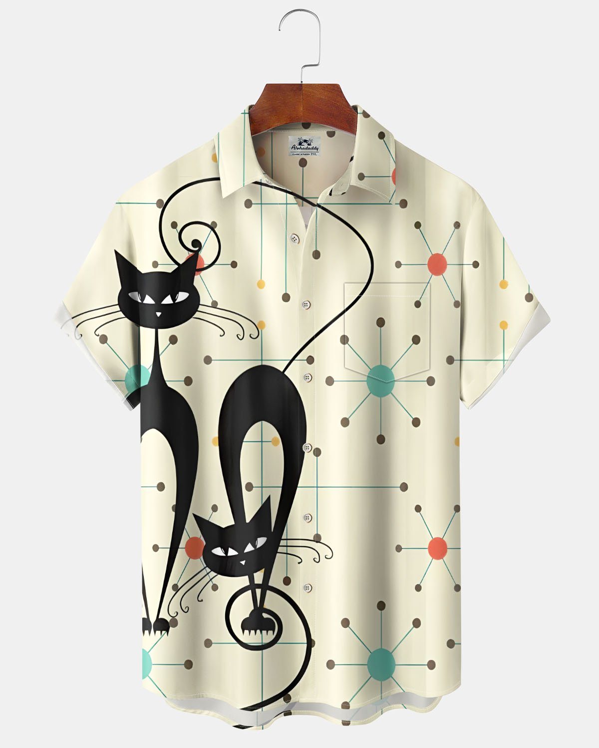Alohadaddy® Casual Cat Print Art Button Pocket Cardigan Men's Short Sleeve Shirt Big & Tall