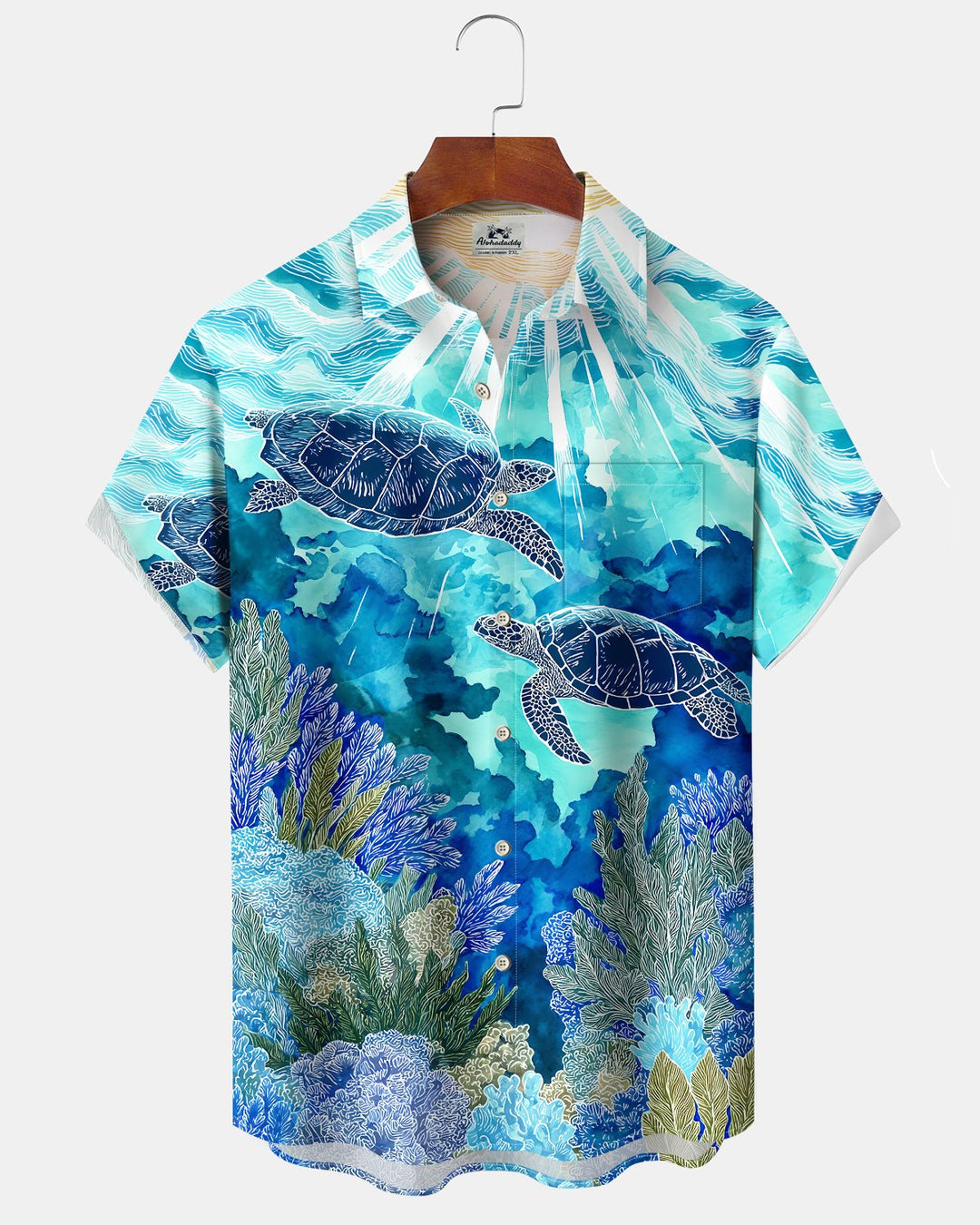 Alohadaddy® Hawaiian Turtle Print Art Button Pocket Cardigan Men&