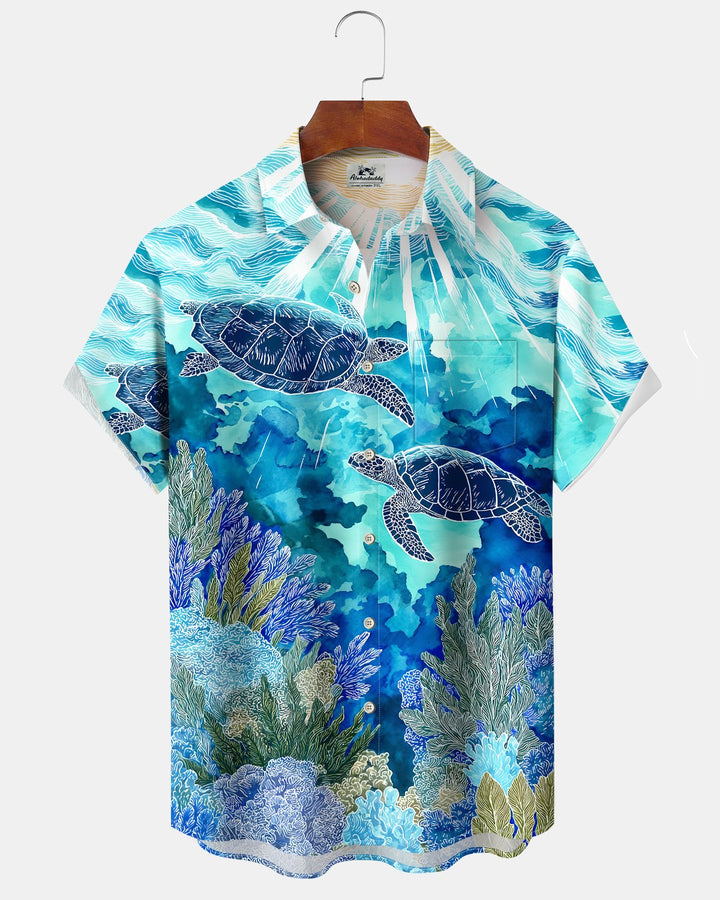 Alohadaddy® Hawaiian Turtle Print Art Button Pocket Cardigan Men&