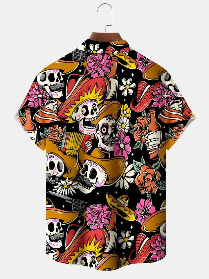 Alohadaddy Holiday Collection Day Of The Dead Skull Art Button Cardigan Pocket Stretch Large Size Long Short Sleeve Shirt