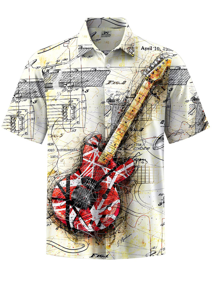 Alohadaddy® Vintage Guitar Art Print Chest Pocket Mens Short Sleeve Shirt Big &amp; Tall