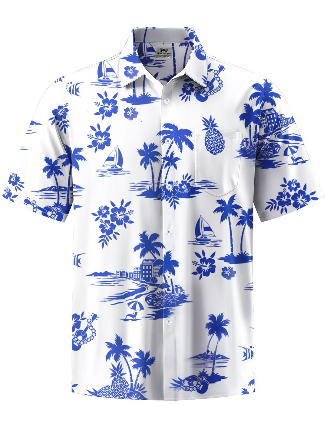 Alohadaddy® Hawaiian Coconut Tree Vacation Art Print with Chest Pocket for Men&