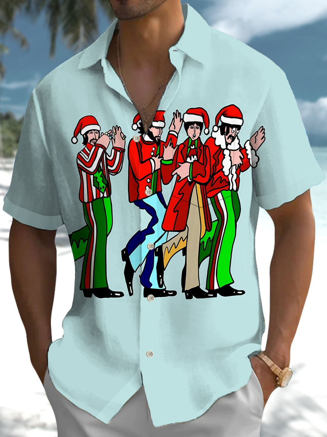 Alohadaddy® Holiday 60s Cartoon Character Santa Hat Print Art Pocket Stretch Men&