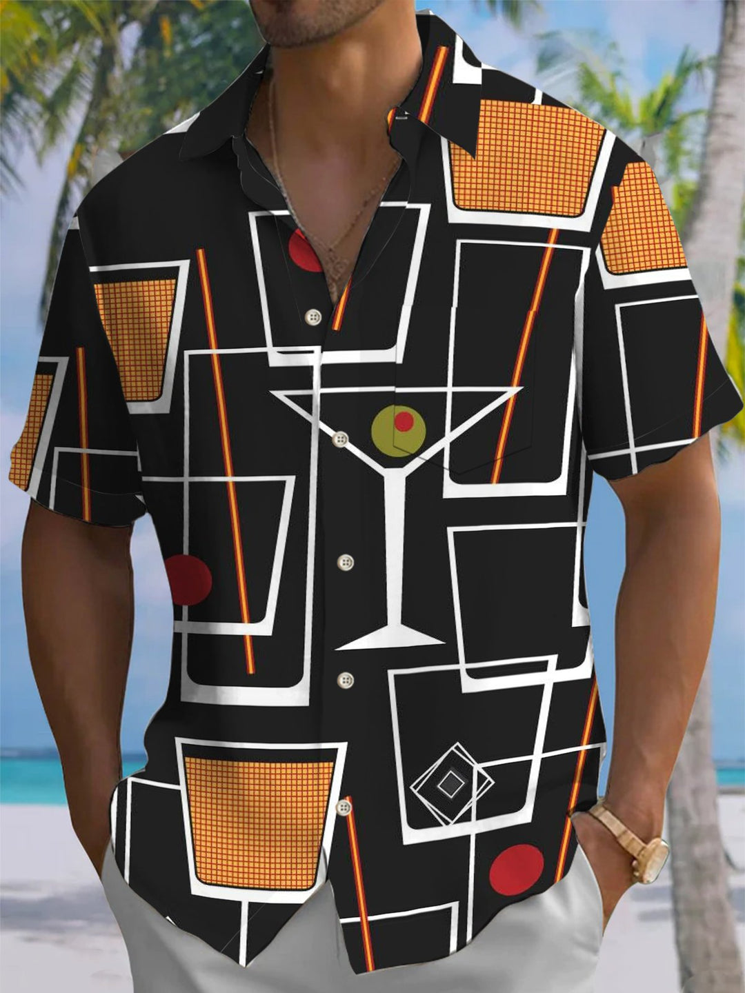 Alohadaddy® Casual Cocktail Geometric Print Stretch Pocket Button Men&