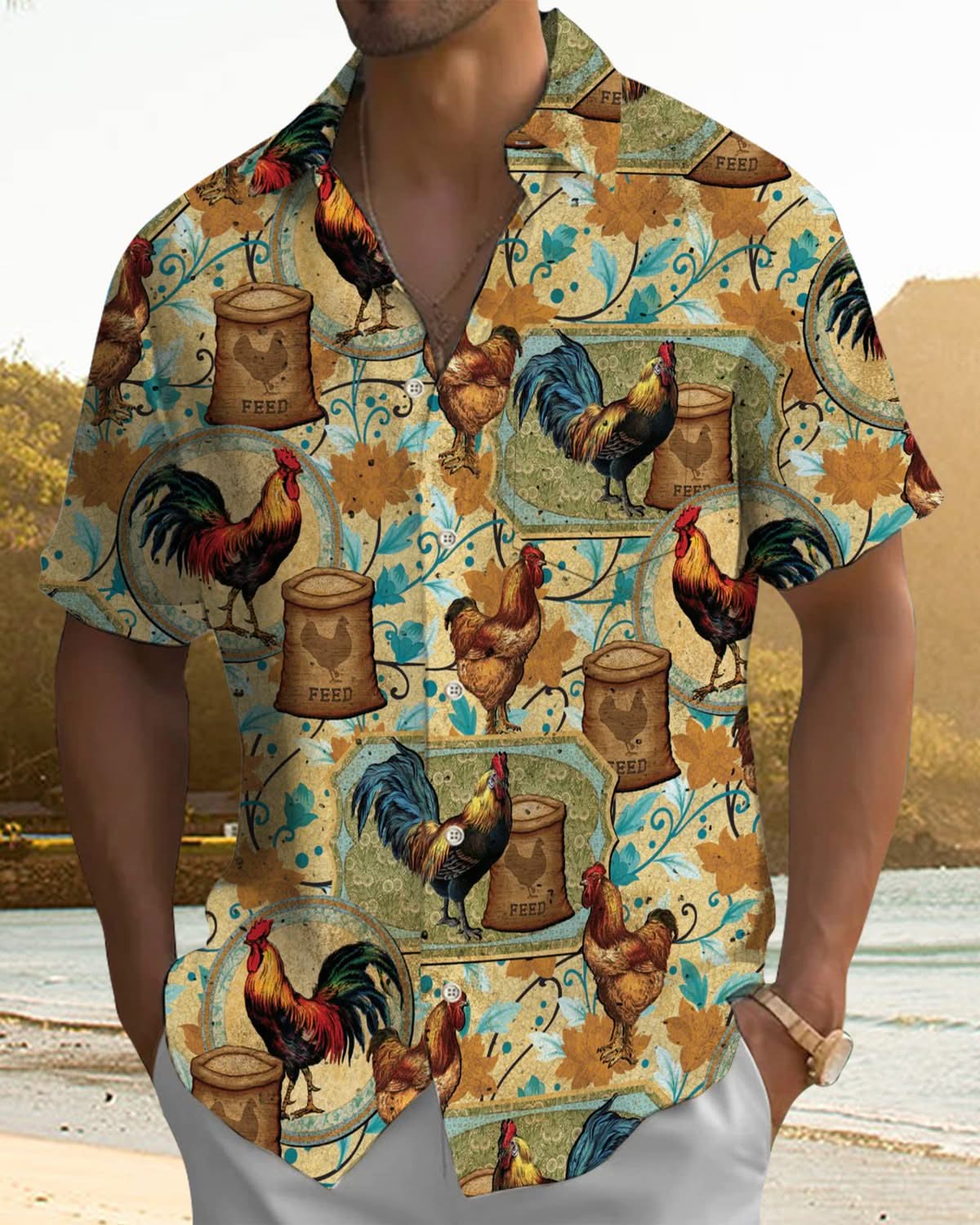 Alohadaddy® Vintage Rooster Print Pocket Elastic Button Men's Long Sleeve Shirt Big & Tall
