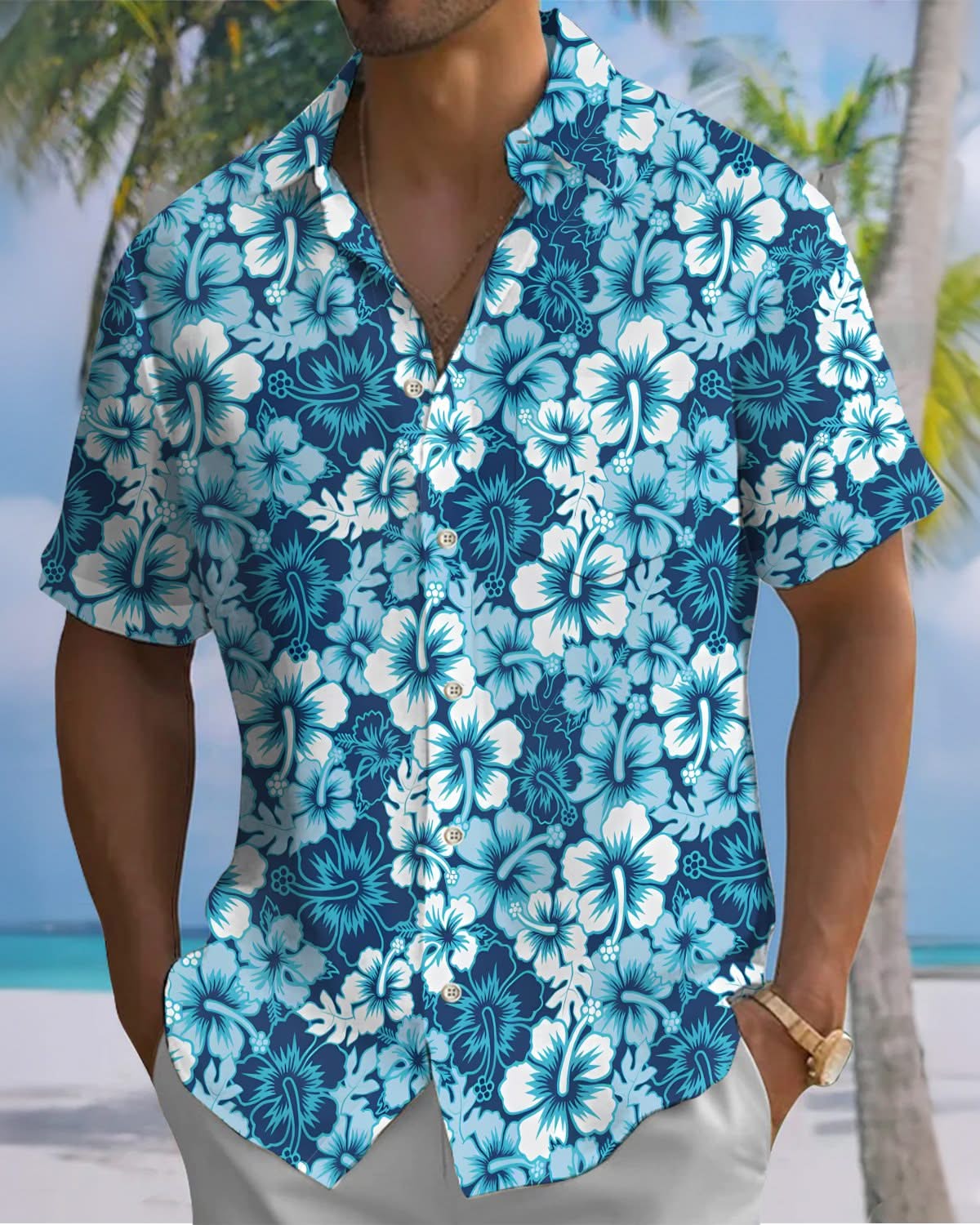 Alohadaddy® Hawaiian Hibiscus Print Short Sleeve Shirt with Elastic Buttons and Pockets for Men Big & Tall