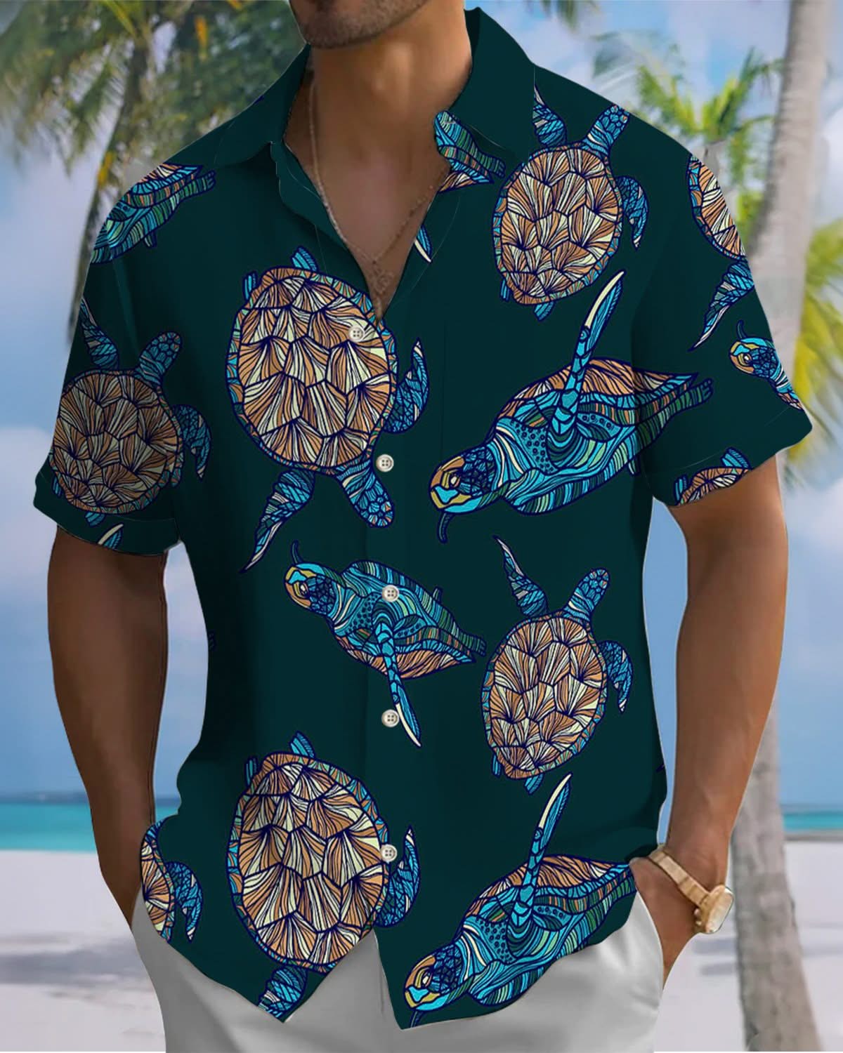 Alohadaddy® Vintage Turtle Print Art Pocket Button Stretch Men's Short Sleeve Shirt Big & Tall