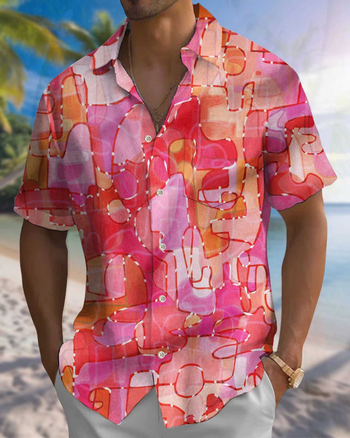 Alohadaddy® Hawaiian Geometric Print Art Pocket Button Cardigan Men's Short Sleeve Shirt