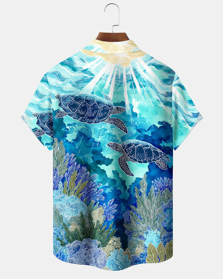 Alohadaddy® Hawaiian Turtle Print Art Button Pocket Cardigan Men&