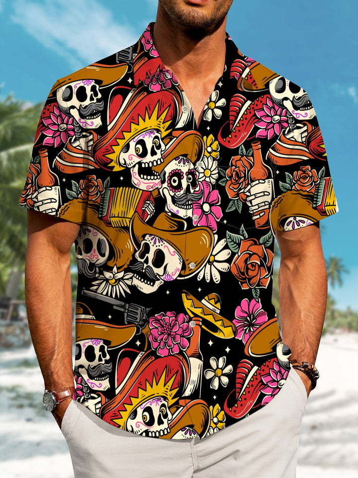 Alohadaddy Holiday Collection Day Of The Dead Skull Art Button Cardigan Pocket Stretch Large Size Long Short Sleeve Shirt