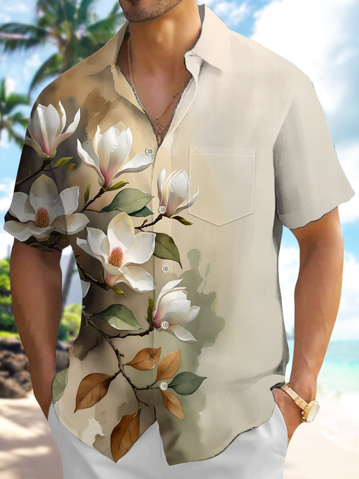 Alohadaddy Casual Collection Hawaii Flowers Everyday Cool Print Art Pocket Cardigan Buttons Polyester Stretch Short Sleeve Shirt