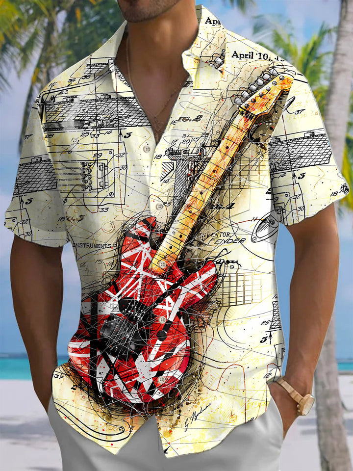 Alohadaddy® Vintage Guitar Art Print Chest Pocket Mens Short Sleeve Shirt Big &amp; Tall