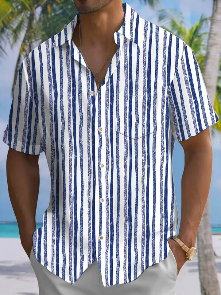Alohadaddy® Casual Stripes Art Print Chest Pocket Mens Wicking Short Sleeve Shirt Big &amp; Tall