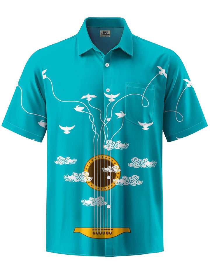 Alohadaddy® Casual Guitar Art Print Chest Pocket Moisture Wicking Mens Short Sleeve Shirt Big &amp; Tall