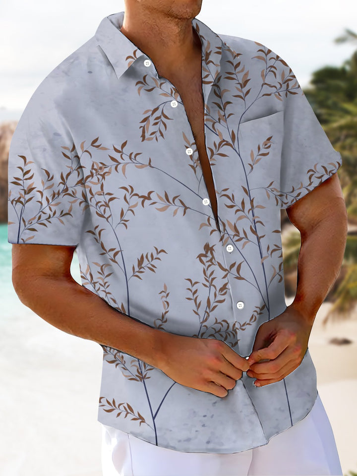 Alohadaddy® Casual Leaf Art Print Chest Pocket Men&