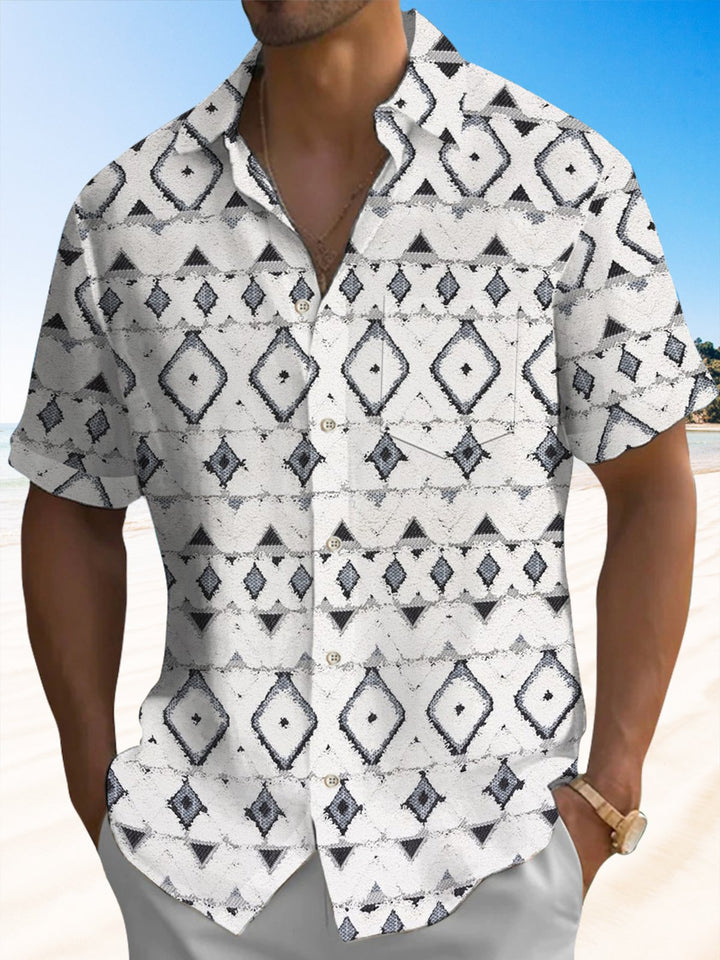 Alohadaddy® Casual Geometric Art Print Chest Pocket Stretch Men&