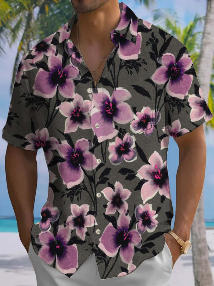 Alohadaddy® Vintage Floral Art Print Chest Pocket Stretch Men&