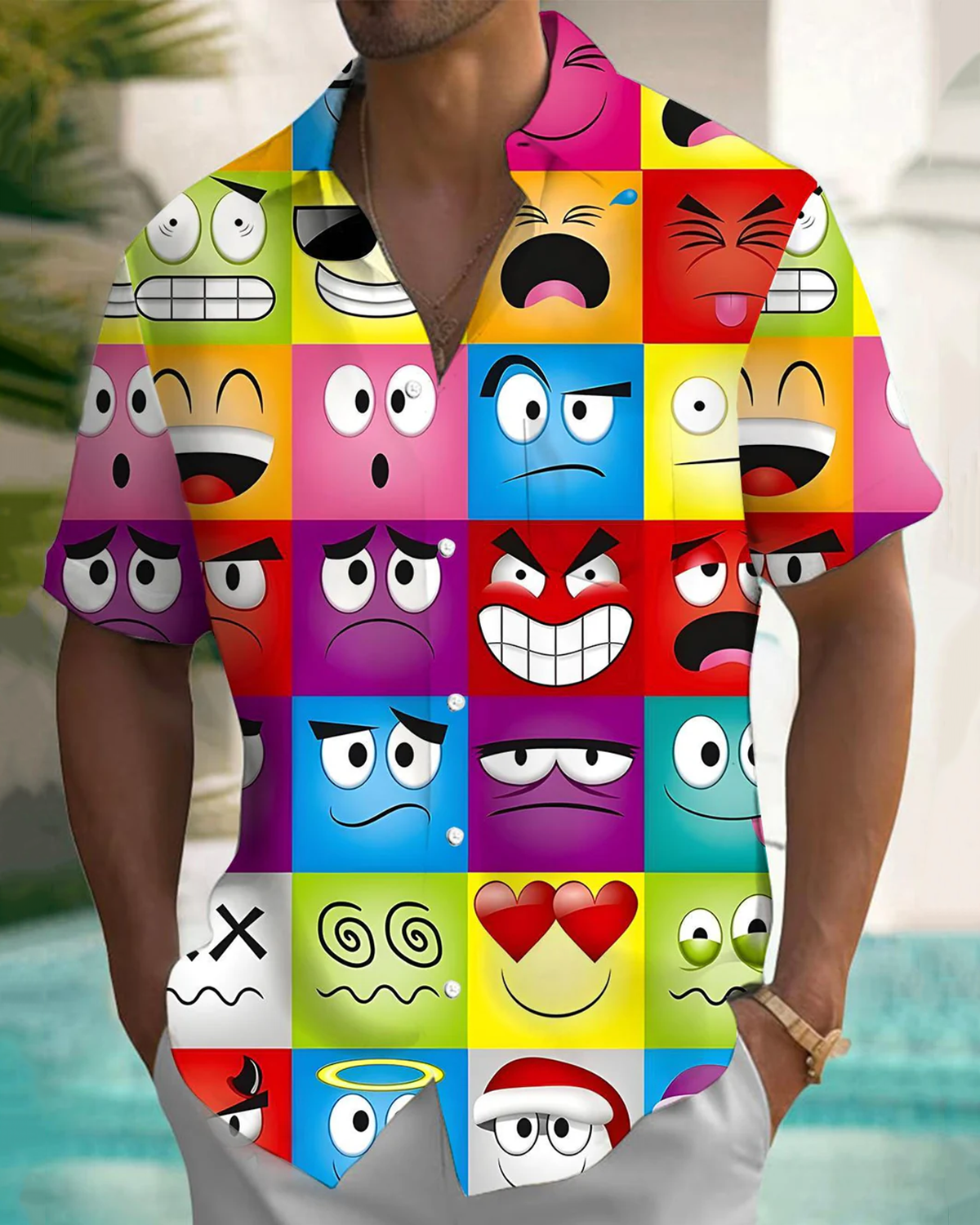 Alohadaddy® Casual Geometric Fun Expression Print Pocket Button Men's Short Sleeve Shirt Big & Tall