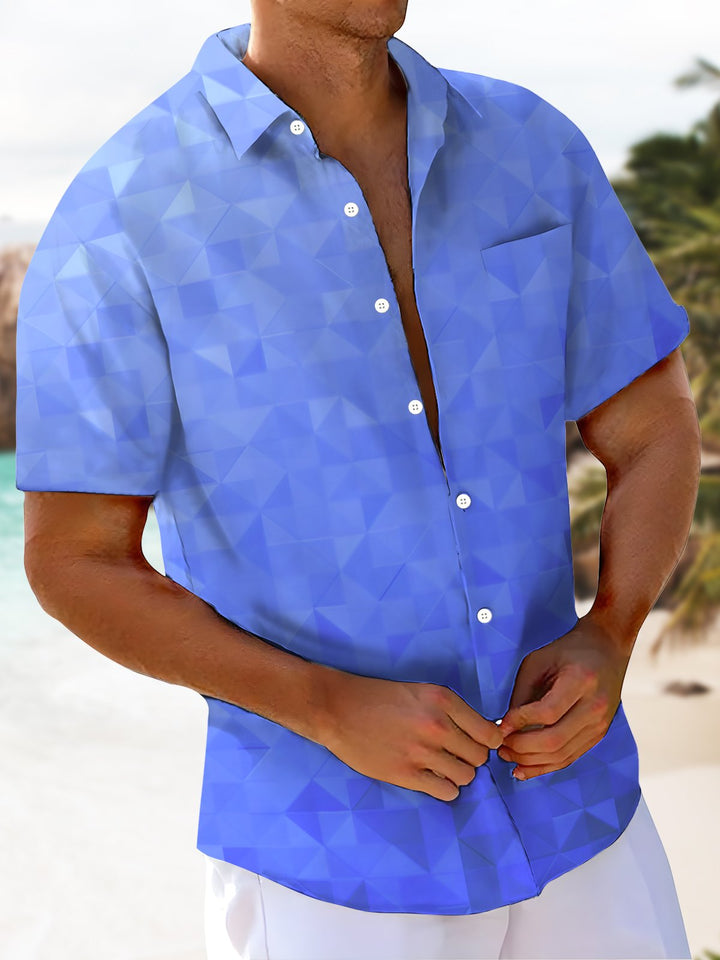 Alohadaddy Leisure Collection Geometric Triangle Gradient Color Print Art Pocket Cardigan Button Polyester Stretch Short Sleeve Shirt