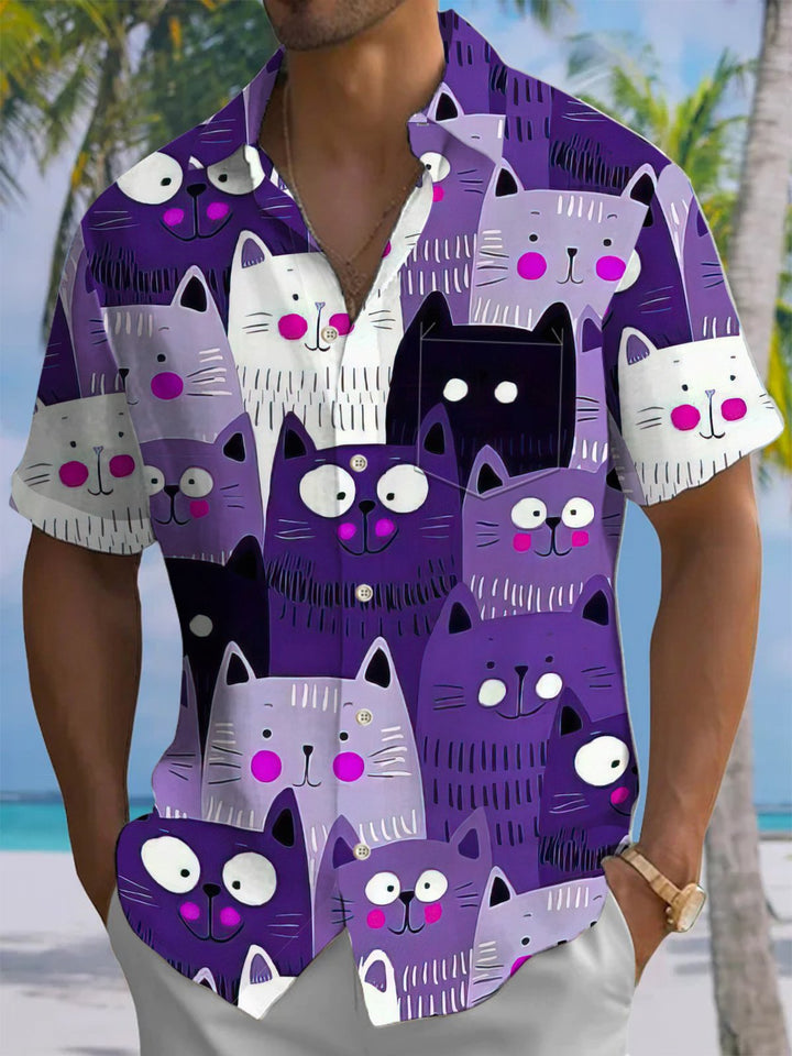 Alohadaddy® Casual Cartoon Cat Print Art Chest Pocket Men Short Sleeve Shirt Big &amp; Tall