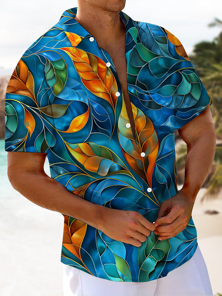 Alohadaddy® Casual Vintage Leaves Art Print Chest Pocket Men&