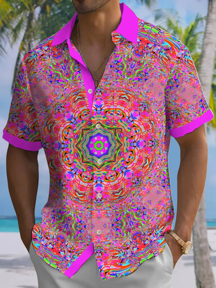 Alohadaddy® Hawaiian Contrast Abstract Art Print Chest Pocket Men&