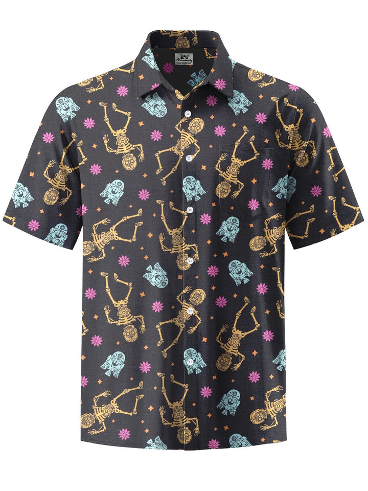 Alohadaddy® Halloween Skull Art Print Chest Pocket Stretch Men&