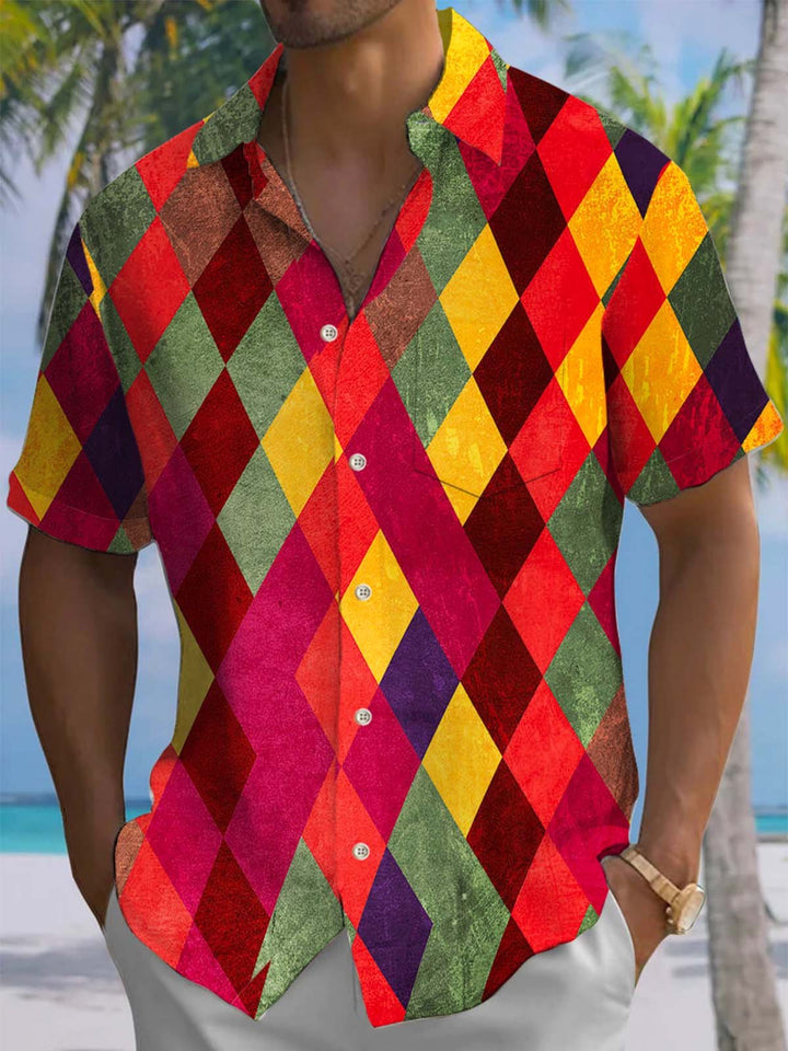 Alohadaddy® Vintage Geometric Diamond Art Print Chest Pocket Stretch Men&